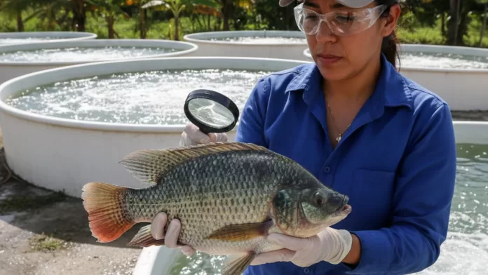 Pesquisadora com óculos de proteção e luvas segura uma tilápia grande diante de tanques circulares, usando uma lupa para examinar a pele do peixe.