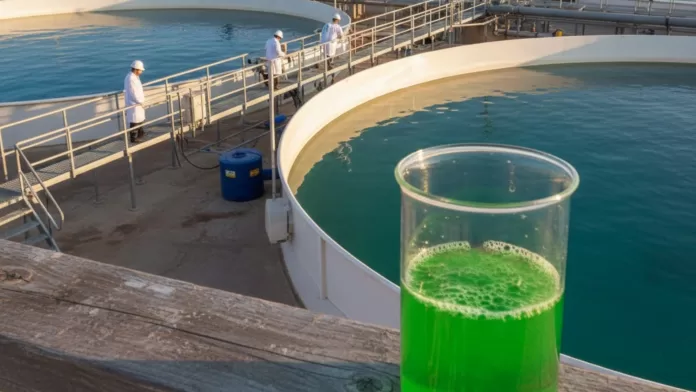 Tanques circulares de tratamento de efluentes com água verde clara e técnicos de jaleco branco realizando coletas, destacando um béquer em primeiro plano com concentrado verde de microalgas.