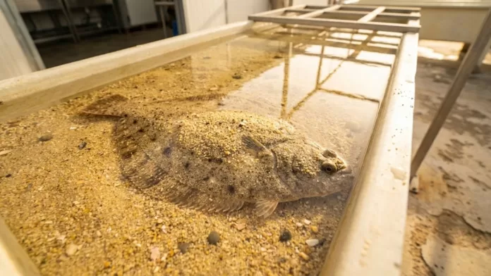 Linguado senegalês enterrado em substrato de areia fina dentro de tanque de reprodução.