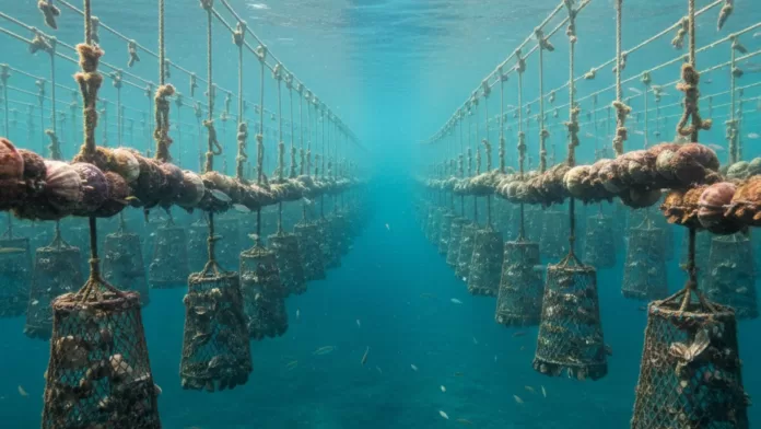 Estrutura subaquática de uma fazenda de bivalves com cestas de cultivo suspensas em linhas paralelas sob a superfície do oceano.