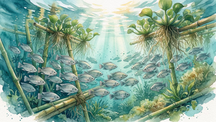 Ilustração em aquarela de um cardume de tilápias nadando em um tanque de piscicultura enriquecido com bambus e raízes de aguapés.