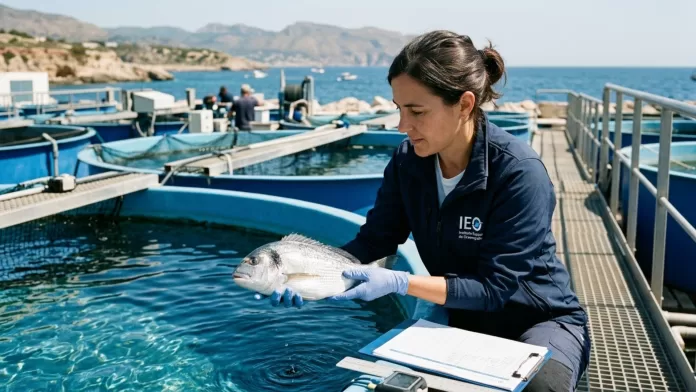 Mulher com luvas azuis segurando uma dourada sobre um tanque circular azul de aquicultura do Instituto Español de Oceanografía.