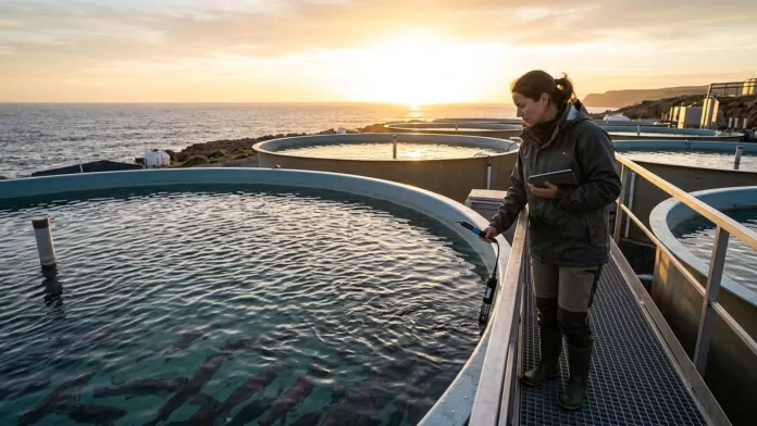 Mulher inspecionando tanque circular de aquicultura marinha ao pôr do sol usando um dispositivo eletrônico.