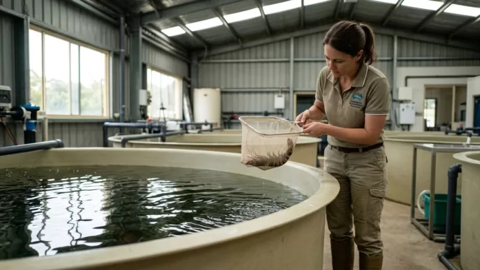 Pesquisadora da CSIRO segurando uma rede com um camarão-tigre-gigante acima de um grande tanque circular de aquicultura.