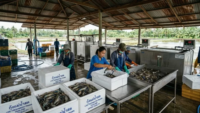 Trabalhadores em uma fazenda de aquicultura organizam camarões gigantes de água doce em caixas térmicas brancas para transporte a seco.