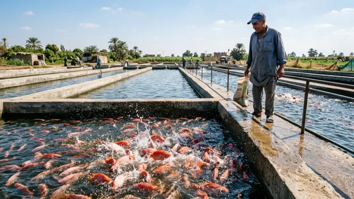 Homem alimentando tilápias vermelhas em tanques de aquicultura comercial