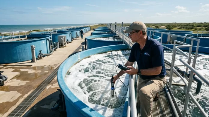 Pesquisador utilizando um medidor de qualidade da água em um tanque azul de aquicultura.