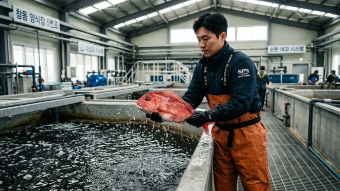 Pesquisador do NIFS segurando um pargo-japonês de coloração avermelhada sobre um tanque de água em uma instalação coberta de aquicultura na Coreia do Sul.