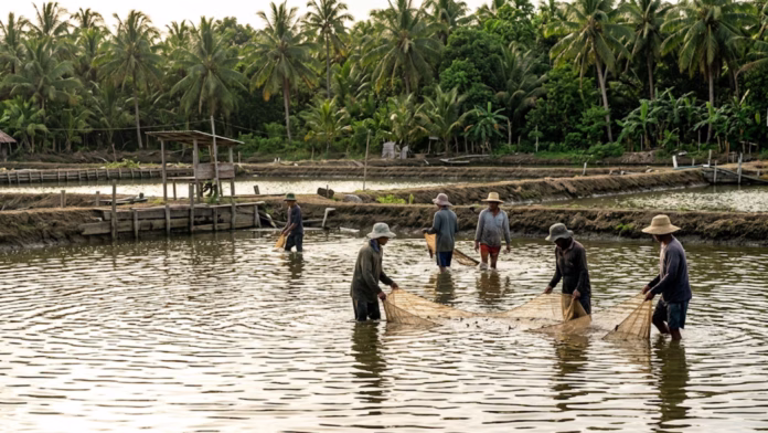 Trabalhadores rurais pescando com redes em um viveiro de aquicultura cercado por palmeiras.