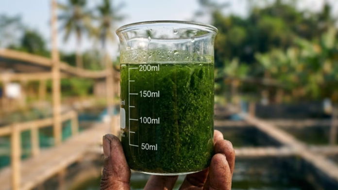 Mão segurando um béquer com líquido verde contendo cultivo de microalgas