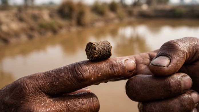 Mãos segurando um pellet de ração com probióticos para peixes acima de um viveiro de água salobra.