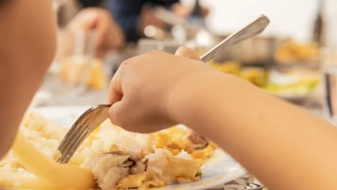 Criança consumindo pescado em refeição escolar