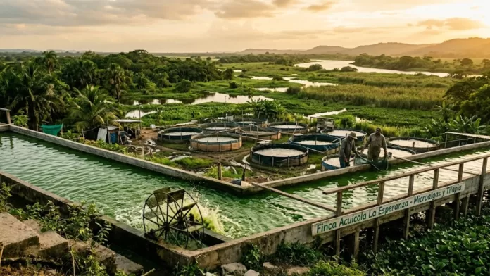 Visão panorâmica de uma fazenda de aquicultura com biorreatores de canal aberto contendo microalgas e tanques circulares para criação de peixes.