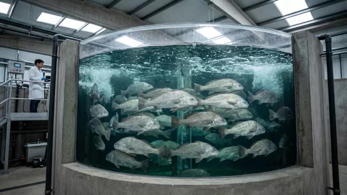 Pesquisador em jaleco branco observando um grande tanque circular contendo um cardume de peixes Miraguaia em um laboratório de aquicultura.