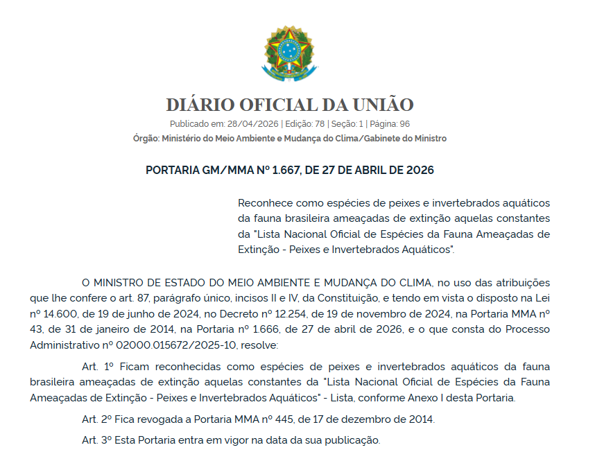 Divulgação Diário Oficial da União sobre a Lista de Espécies Ameaçadas de Extinção no Brasil