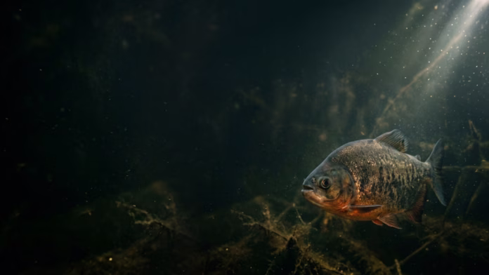 Tambaqui nadando em ambiente aquático escuro com raios de luz incidindo sobre a água