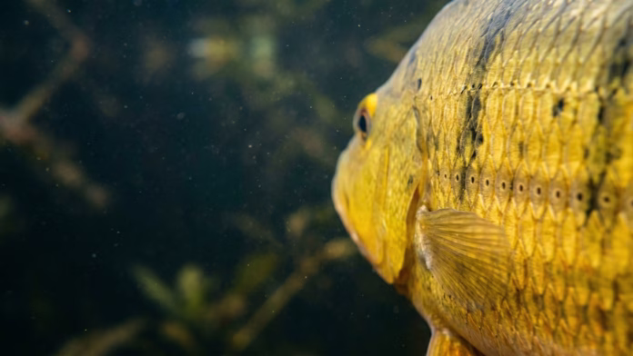 Detalhe em plano fechado das escamas douradas e manchas escuras na lateral de um tucunaré-amarelo nadando debaixo d'água.