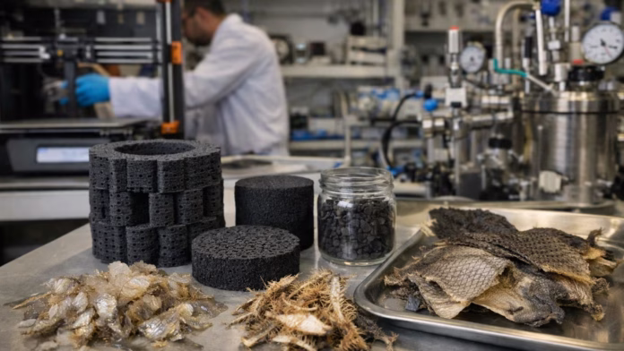 Resíduos de pescado utilizados em tecnologia de captura de carbono