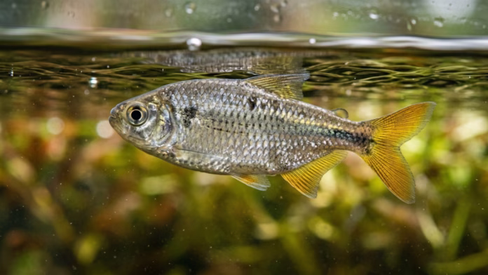 Fotografia subaquática de um lambari-do-rabo-amarelo nadando próximo à superfície da água.
