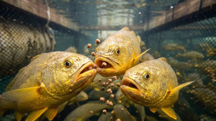 Três peixes da espécie corvina-amarela com a boca aberta se alimentando de ração em uma gaiola de aquicultura marinha.
