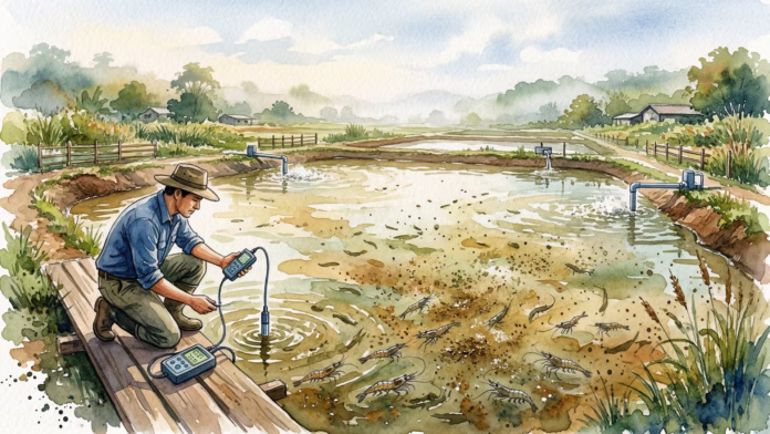 Produtor medindo a qualidade da água em um tanque de aquicultura com camarões e sistema de bioflocos.