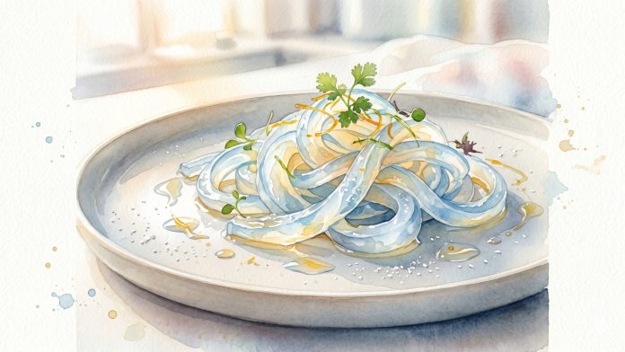 Ilustração em aquarela de águas-vivas comestíveis servidas em prato gourmet