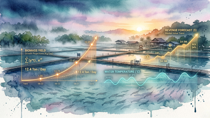 Pintura em aquarela de uma fazenda de camarão ao amanhecer com gráficos digitais flutuantes sobre a água, exibindo curvas de crescimento de biomassa, temperatura da água e projeções financeiras em tons de dourado e azul-turquesa, com silhuetas de camarões visíveis sob a superfície.