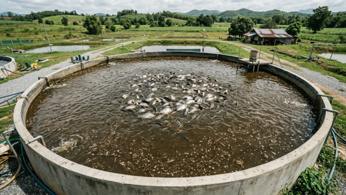 Tilápia-do-Nilo nadando em tanque circular de sistema de bioflocos com água rica em microrganismos.