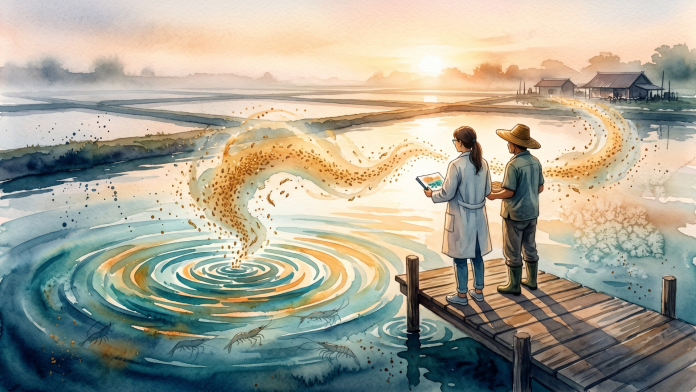 Pintura em aquarela de uma cientista de jaleco e um produtor de chapéu de palha em um píer de madeira, observando tanques de camarão ao amanhecer. Um fluxo espiralado de ração orgânica dourada flui em direção à água, criando ondulações circulares.