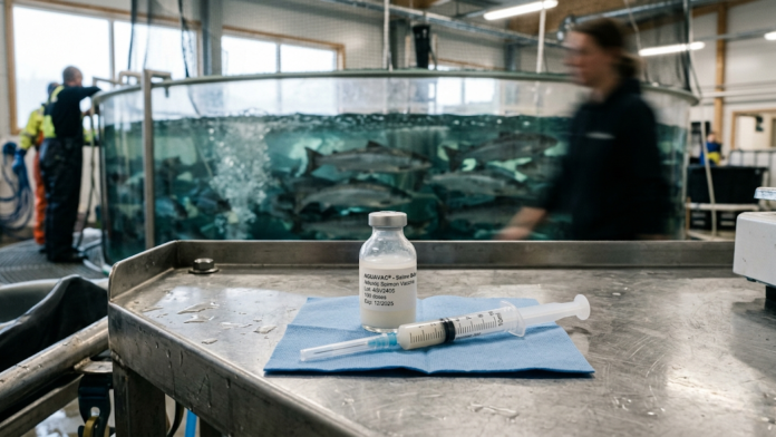 Frasco de vacina biotecnológica e seringa em frente a um tanque de criação de salmão-do-atlântico.