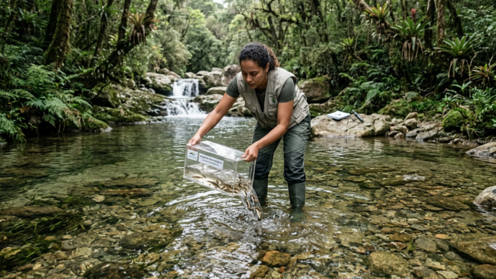 Biólogo realizando a soltura de alevinos em um riacho de água doce límpida para restauração ecológica ambiental.