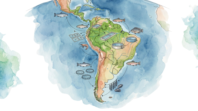 Ilustração em aquarela da América Latina em visão de satélite com diversos sistemas e espécies aquícolas