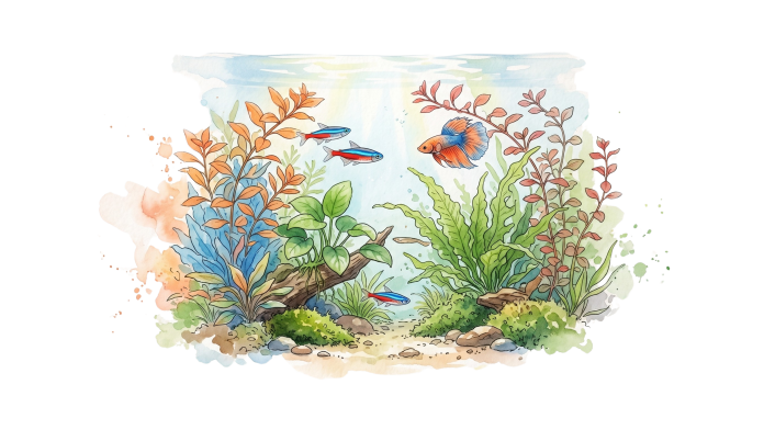Ilustração em aquarela de peixes ornamentais de água doce coloridos