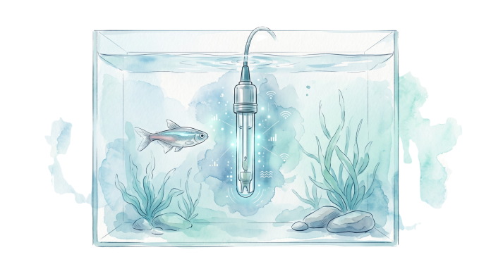 Ilustração em aquarela de um sensor submerso em um tanque representando a aquicultura de precisão