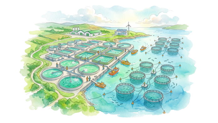 Ilustração em aquarela de uma fazenda aquícola moderna representando atualidades e tendências da aquicultura