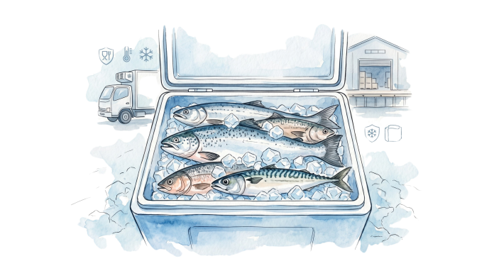 Ilustração em aquarela de pescado fresco no gelo representando a cadeia do frio e a segurança alimentar