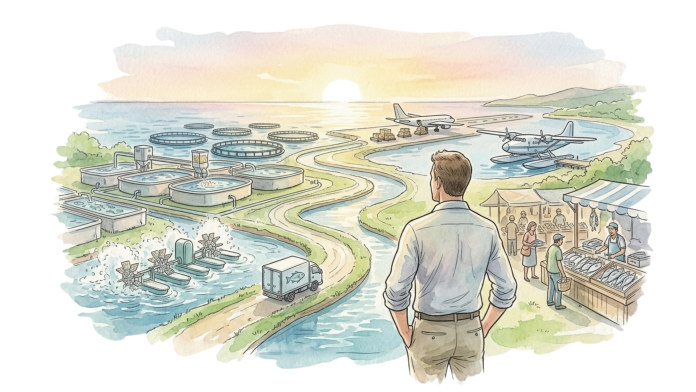 Ilustração em aquarela de um empreendedor de costas observando as diversas áreas da cadeia aquícola