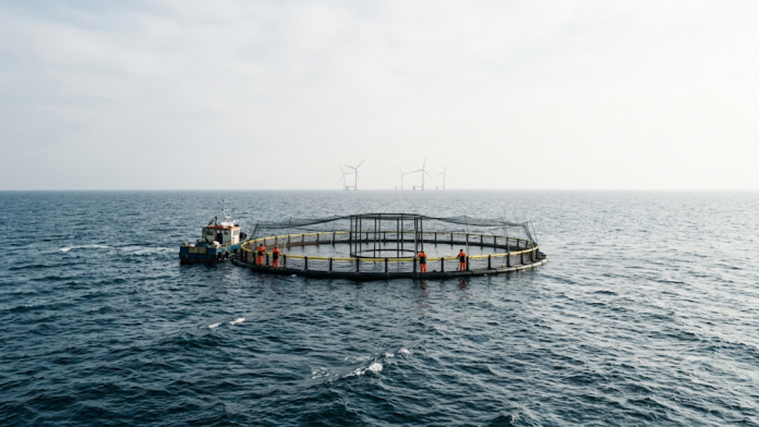Tanque-rede circular de aquicultura offshore flutuando em mar aberto com aerogeradores eólicos na linha do horizonte.
