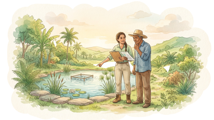 Ilustração em aquarela de um técnico orientando à beira de um viveiro representando a extensão rural aquícola
