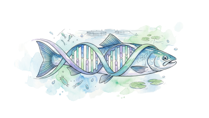 Ilustração em aquarela de uma hélice de DNA com um peixe representando a coluna de genética