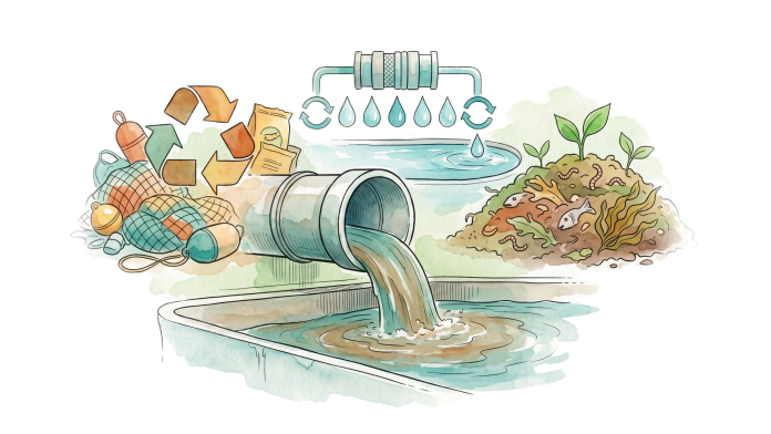 Ilustração em aquarela de um cano liberando efluente com referências a reciclagem e compostagem representando a gestão de resíduos