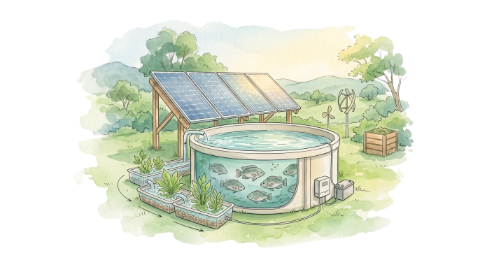 Ilustração em aquarela de painéis solares e tanque de recirculação representando tecnologias verdes na aquicultura