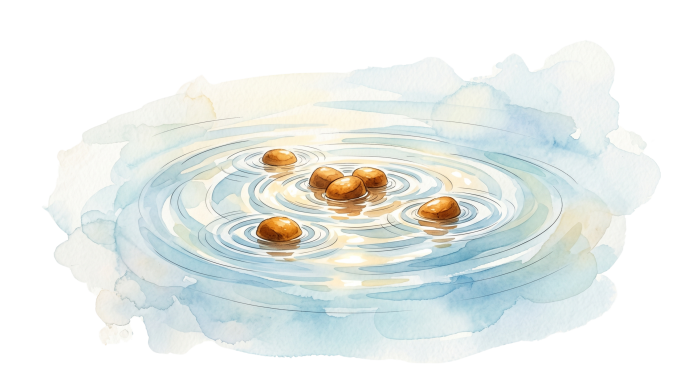 Ilustração em aquarela de rações boiando na superfície da água representando a nutrição aquícola