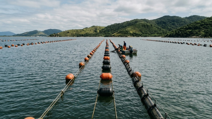 Linhas flutuantes de longline para cultivo de ostras dispostas na superfície da água sob luz natural na baía de Florianópolis.