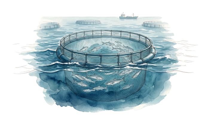 Ilustração em aquarela de peixes marinhos em gaiolas de cultivo no mar