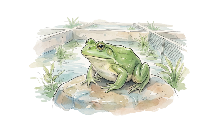Ilustração em aquarela de uma rã verde representando a coluna de ranicultura