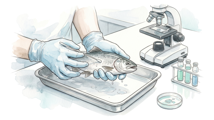 Ilustração em aquarela de exame de saúde de um peixe representando a coluna de sanidade aquícola