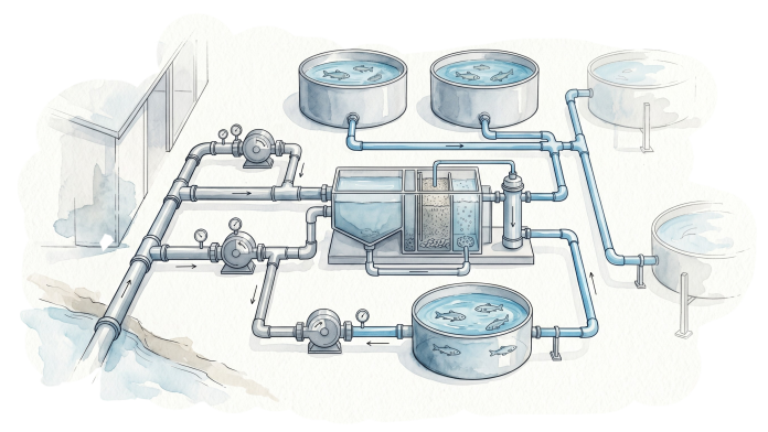 Ilustração em aquarela de um tanque de recirculação RAS com filtração e tubulações