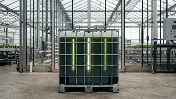 Fotobiorreator modular de baixo custo em formato de cubo para cultivo de microalga Spirulina em estufa industrial.