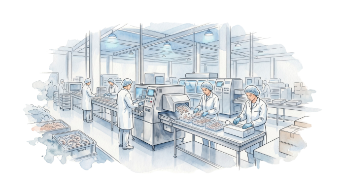 Ilustração em aquarela de uma fábrica tecnificada com trabalhadores embalando camarões congelados representando a tecnologia do pescado